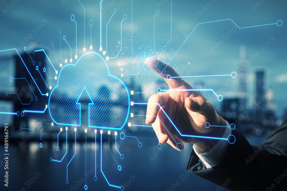 Aufkleber data storage and cloud technology concept with businessman forefinger on digital interface with clou