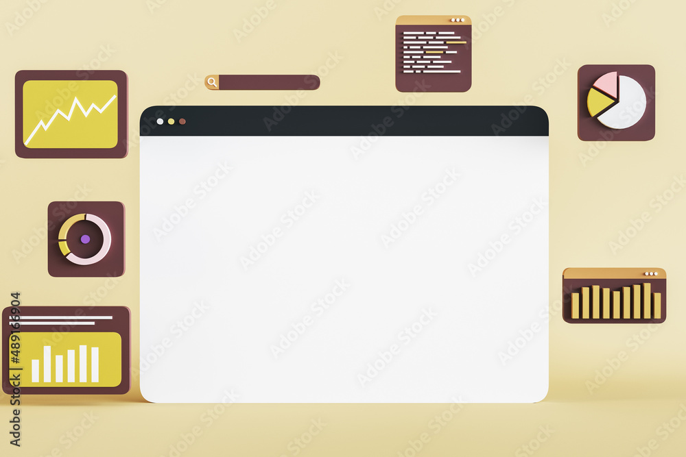 Poster Abstract empty web browser page with mock up place on light wallpaper with business chart icons. Online analytics and banking concept. 3D Rendering.
