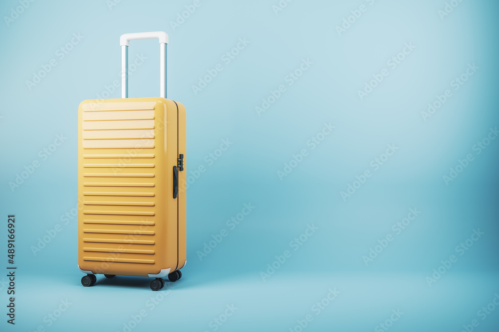 Poster modern suitcase on blue backdrop with mock up place. luggage, bag and airplane concept. 3d rendering