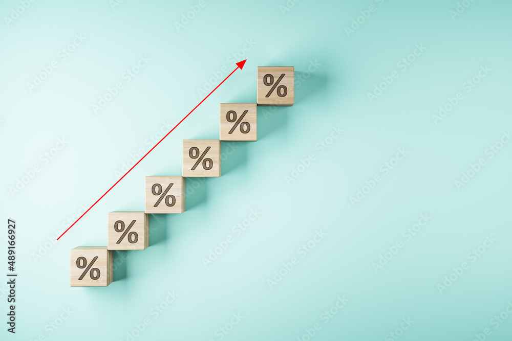Poster Abstract growing interest rate with arrow on blue background with mock up place. Investment and finance concept. 3D Rendering.