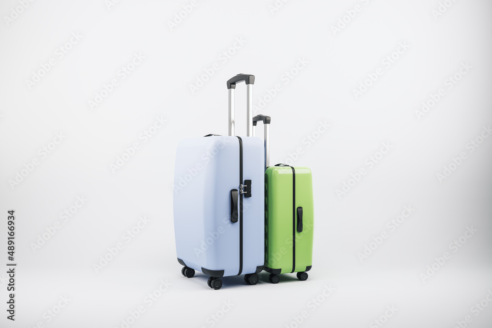 Poster suitcase on white background with mock up place. luggage, bag and airplane concept. 3d rendering.