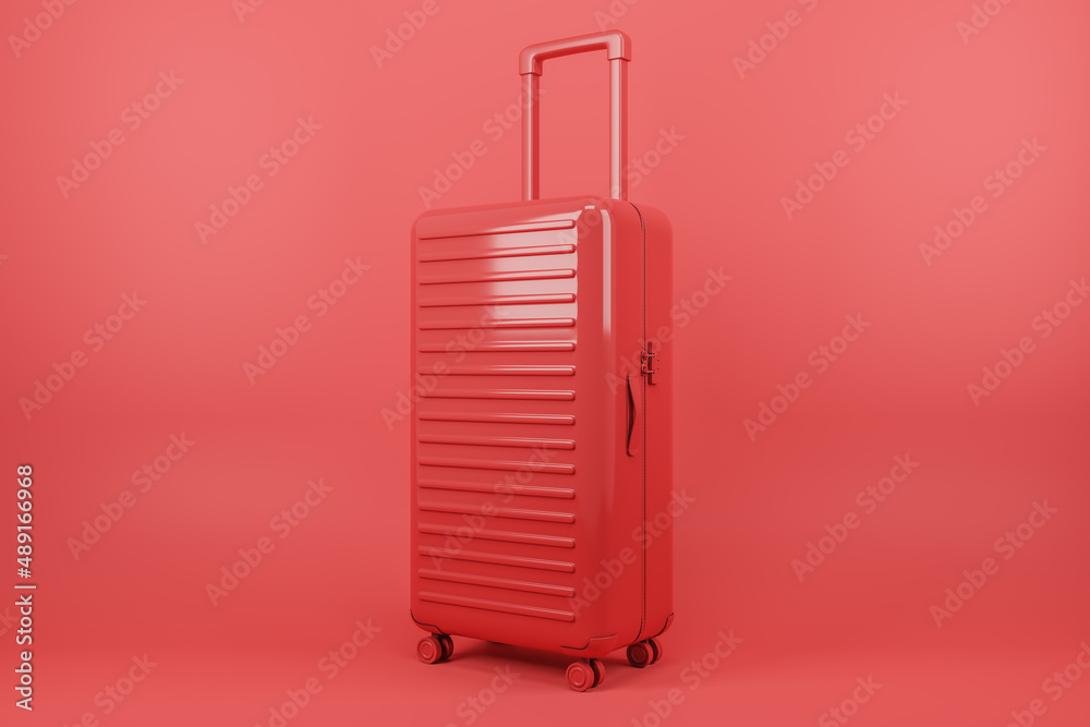 Poster Abstract red suitcase backdrop with mock up place. Travel and luggage concept. 3D Rendering.
