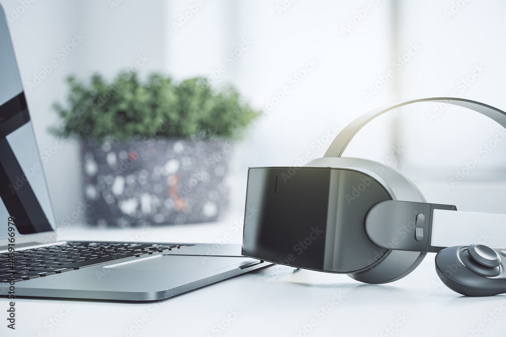 Aufkleber Close up of abstract VR glasses on blurry light office desk background with laptop keyboard and other items. Device and augmented reality concept. 3D Rendering.