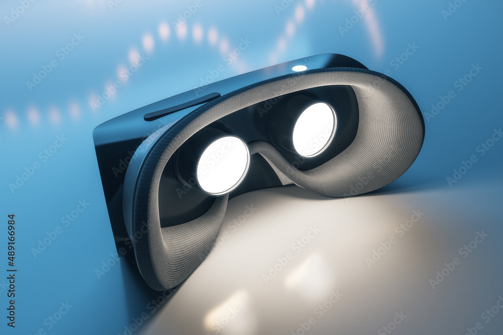 Aufkleber Close up of abstract VR glasses on blurry light background with mock up place. Device and augmented reality concept. 3D Rendering.