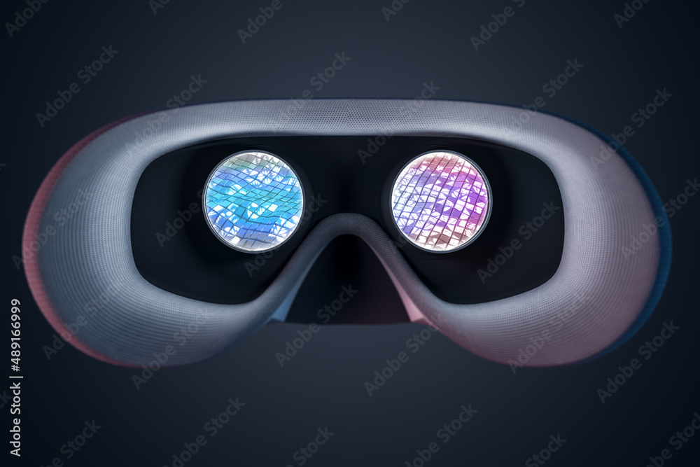 Aufkleber Close up of rear inside view abstract VR glasses on blurry gray background. Device and augmented reality concept. 3D Rendering.