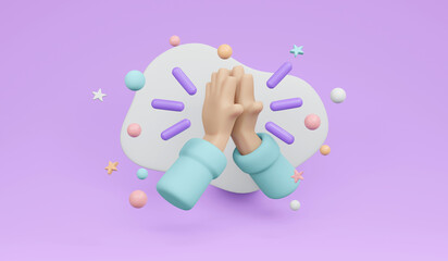 3D Rendering of bow hand sign (Wai in Thai) on purple background. 3D Render illustration cartoon style.