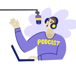A man is hosting a podcast with headphones with a microphone and a laptop