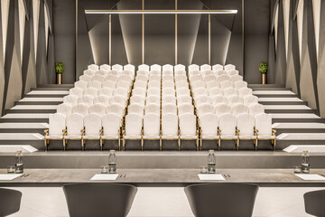 Luxury concrete lecture hall auditorium interior with seats and other objects. Speech, workshop and graduation concept. 3D Rendering. - obrazy, fototapety, plakaty