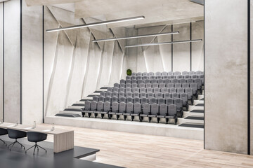 Modern luxury concrete lecture hall auditorium interior with seats and other objects. Speech, workshop and graduation concept. 3D Rendering.