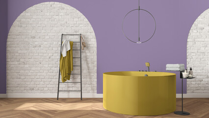 Bathroom interior design showcase, classic set, arched brick walls, parquet floor. Yellow and purple tones. Freestanding round bathtub, modern pendant lamp, minimalist decors