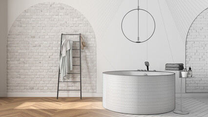 Architect interior designer concept: hand-drawn draft unfinished project that becomes real, bathroom showcase, classic set, brick walls, parquet. Freestanding round bathtub © ArchiVIZ