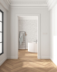 Interior design showcase, classic hallway with parquet and molded walls, modern bathroom with arched brick walls and freestanding round bathtub and accessories, rack and towels