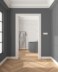 Interior design showcase, classic hallway with parquet and molded walls in white and gray tones, modern bathroom with arched brick walls and freestanding round bathtub and accessories