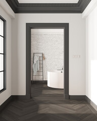 Interior design showcase, classic hallway with dark parquet and molded walls, modern bathroom with arched brick walls and freestanding round bathtub and accessories, rack and towels