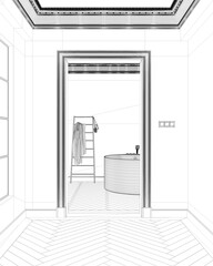 Blueprint project draft, interior design showcase, classic hallway with parquet and molded walls, modern bathroom with arched walls and freestanding round bathtub and accessories