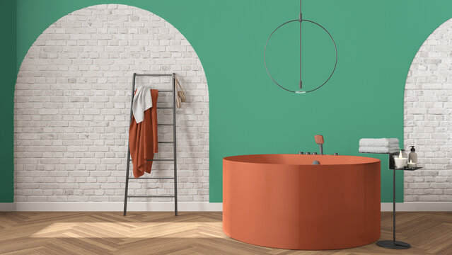 Bathroom interior design showcase, classic set, arched brick walls, parquet floor. Red and turquoise tones. Freestanding round bathtub, modern pendant lamp, minimalist decors