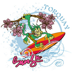Monkey surfing while hanging from a hibiscus flower branch and smoking a cigar. Surf mascot illustration concept.