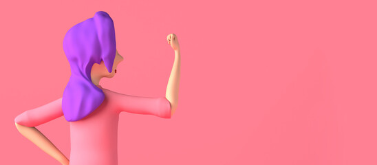 Casual woman showing the strength of her arm muscle. Feminism. 3D illustration. International Women's Day. March 8. Copy space.