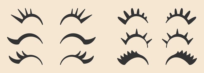 Big set of eyelashes. icon set. All elements are isolated. Flat design, cartoon, vector illustration. Template for design and printing on paper.