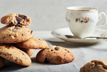 Chocolate chip cookies on table closeup. Homemade crunchy chocolate cookies bisquits on table.