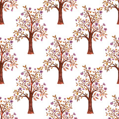 Watercolor seamless pattern with blooming spring trees. Hand drawn abstract landscape background. Beautiful spring print for any kind of a design.	