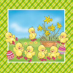 easter greeting card with chicken and eggs