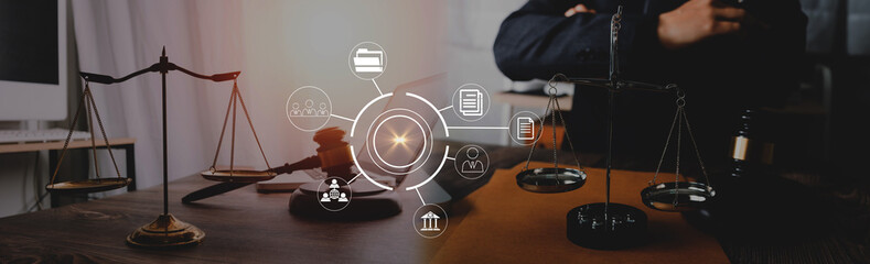 Fototapeta premium Business and lawyers discussing contract papers with brass scale on desk in office. Law, legal services, advice, justice and law concept