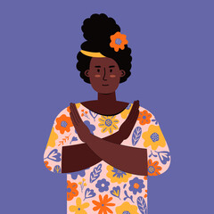 Break the bias. Women's international day. IWD. 8th march. Black woman cross arms his chest in protest. Women's Movement. Against discrimination, inequality, stereotypes. Illustration in flat vector.