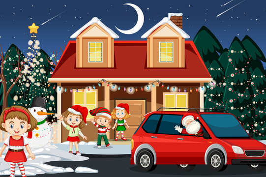 Christmas winter scene with children and Santa Claus © blueringmedia
