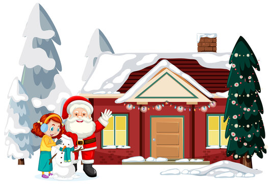 Snow covered house with Santa Claus and Christmas decorated trees