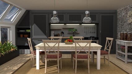 modern, industrial and country style kitchen in the attic, 3d rendering