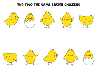 Find two cute identical Easter chickens. Educational game for preschool children.