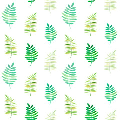 Green leaves seamless pattern on white background.  Watercolor background. 