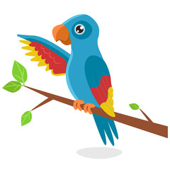 Cute young parrot of bright color is sitting on a branch with green leaves, spreading its wing. Vector graphic.