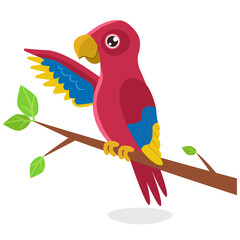 Cute young parrot of bright color is sitting on a branch with green leaves, spreading its wing. Vector graphic.