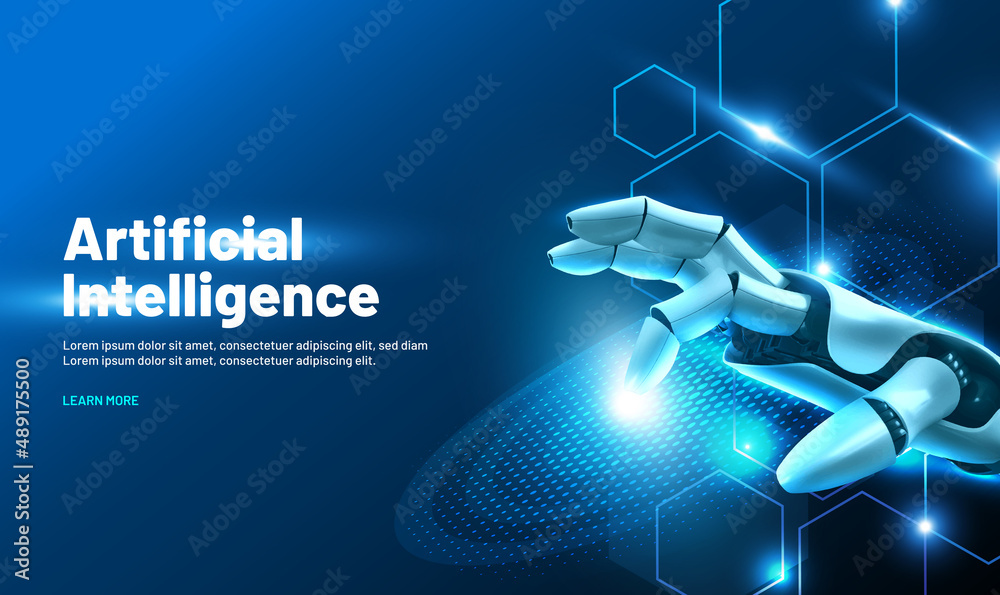 Poster the robot mechanical arm or hand presses the index finger on the button a virtual holographic interf