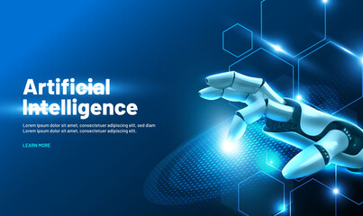 The robot mechanical arm or hand presses the index finger on the button a virtual holographic interface HUD on touch screen. Artificial Intelligence futuristic design concept.Vector illustration EPS10