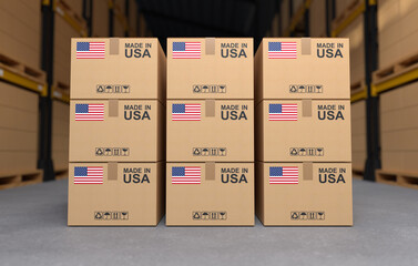 Products made in USA, cardboard boxes in the warehouse.