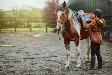 Just horsing around. Shot of a teenage girl preparing to ride her pony on a farm.