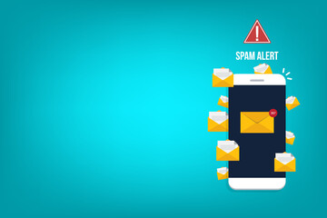 Spamming concept, a lot of emails on the screen of a smart phone. Email box hacking, spam warning. Vector illustration.	