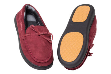 Slippers isolated. Close-up of a pair of female red warm and soft cosy terry slippers with non-slip sole isolated on white background.  Shoes of a woman. Macro.