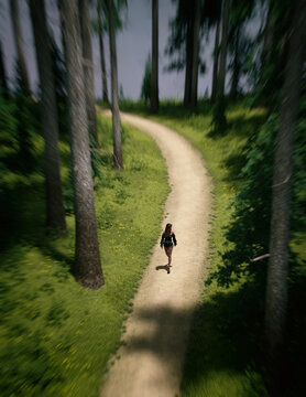 Woman with long red hair in black top and short jeans walks on a trail in a pine forest on a sunny summers day. High angle view. 3D render.