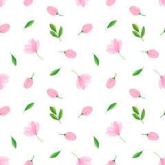  Seamless pattern with  flowers and leaves on white background. 
Watercolor hand painted leaves, flowers 