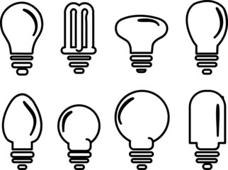 Light Bulbs Icons Set on White Background. Vector line art.eps