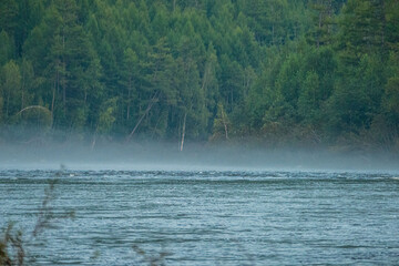 fog over the water of a mountain river on the background of a forest and a mountain