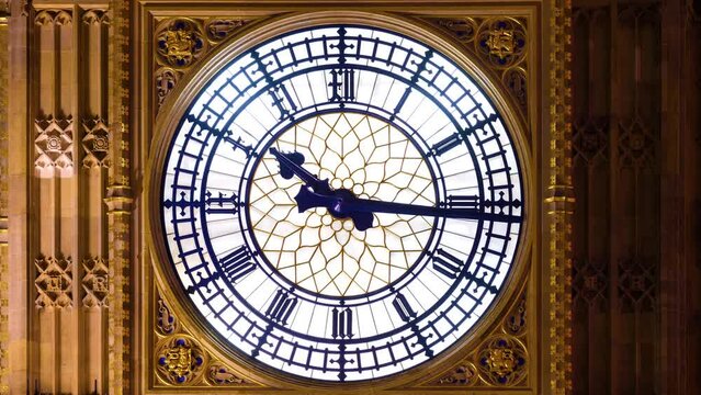 Big Ben time lapse of clock face of Elizabeth Tower in Westminster, London, UK. Night time