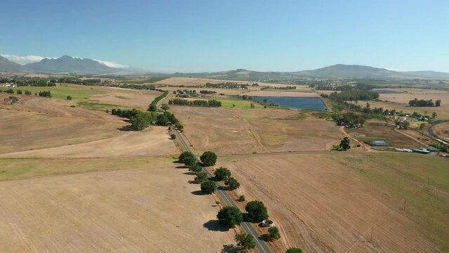 Panoramic View Of Lowland At Simonsberg Nature Reserve In Stellenbosch Near Wine Region In Western Cape Province, South Africa. Aerial Wide