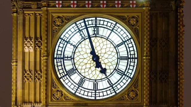 Big Ben time lapse of clock face of Elizabeth Tower in Westminster, London, UK. Evening