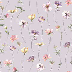 Seamless pattern with hand painted watercolor flowers. Cute design for Summer textile design, scrapbook paper, decorations. Floral seamless pattern. High quality illustration