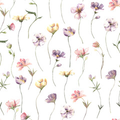 Seamless pattern with hand painted watercolor flowers. Cute design for Summer textile design, scrapbook paper, decorations. Floral seamless pattern. High quality illustration